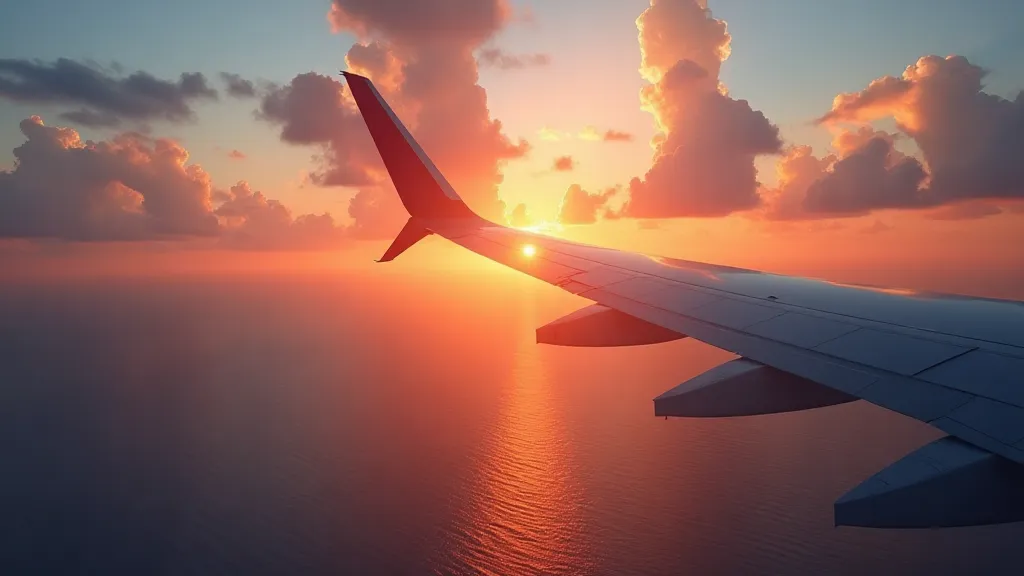 Airplane wing reflecting a sunset