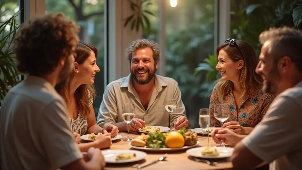 Travelers and locals sharing a meal and laughing together