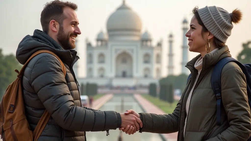 Traveler and host shaking hands in a vibrant city