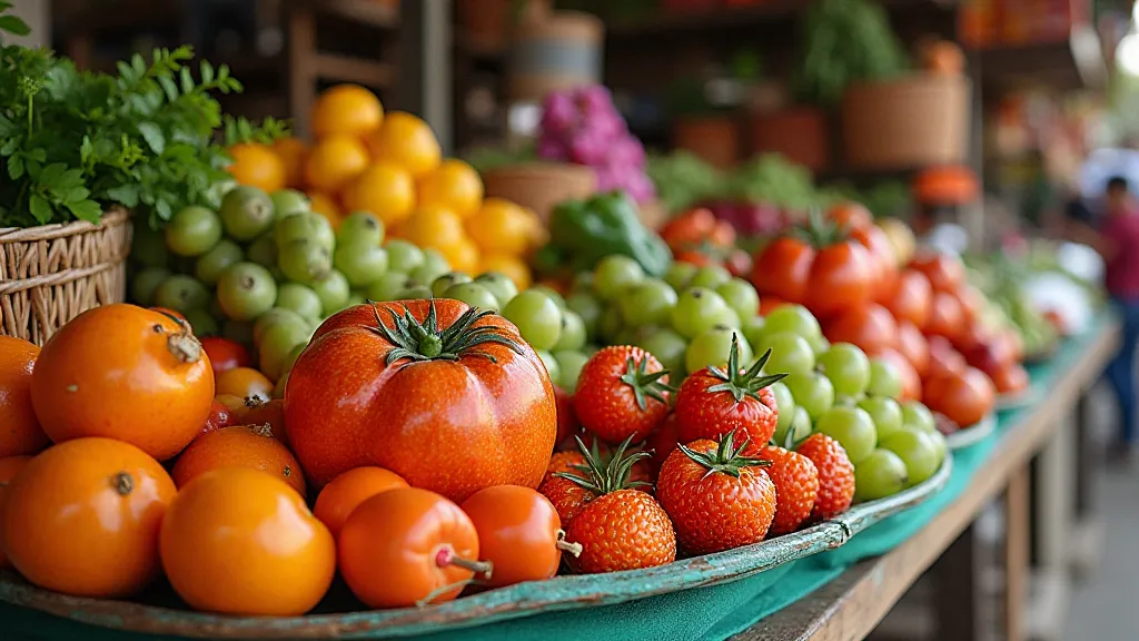 A vibrant local market in Ecuador with fruits and vegetables.