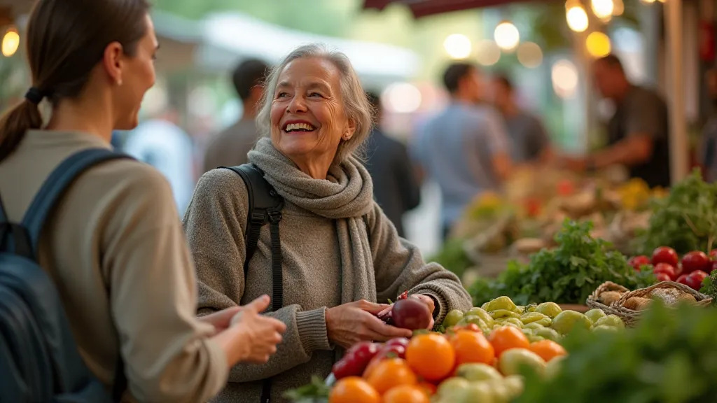 Traveler interacting with a local at a farmers market