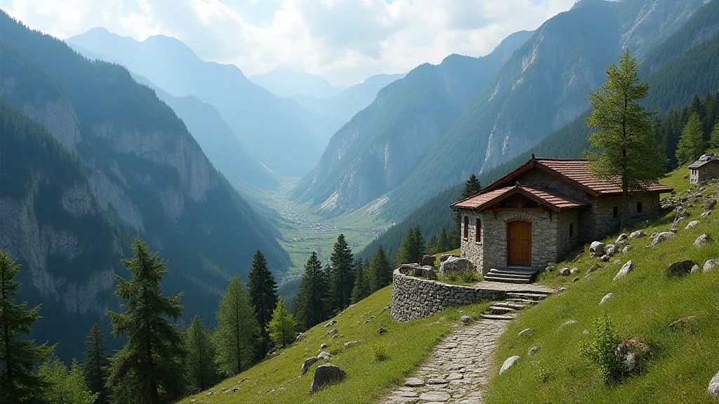 Mountains of Georgia with a traditional village.