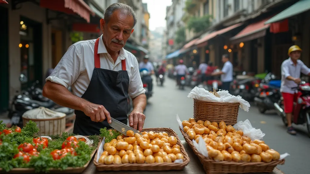 Hanoi street vendor making Banh Mi