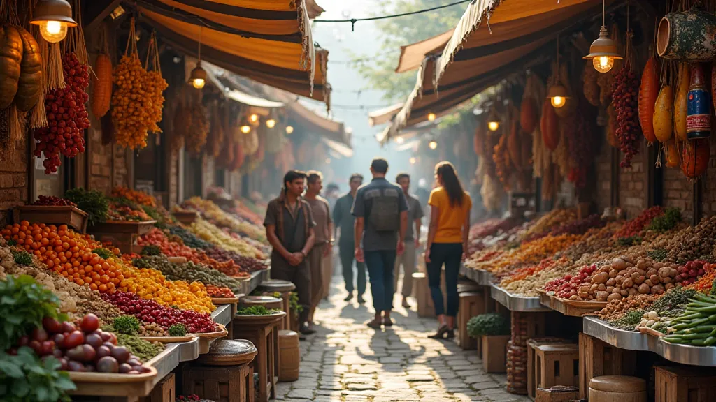 A bustling local market with colorful produce and friendly vendors.