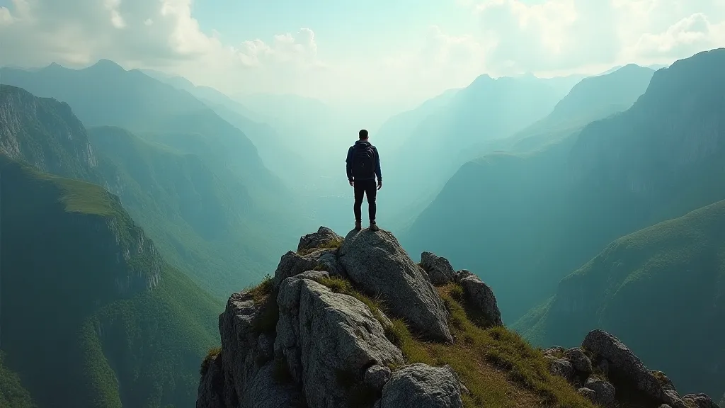A hiker standing on a mountain peak overlooking a vast scenic valley