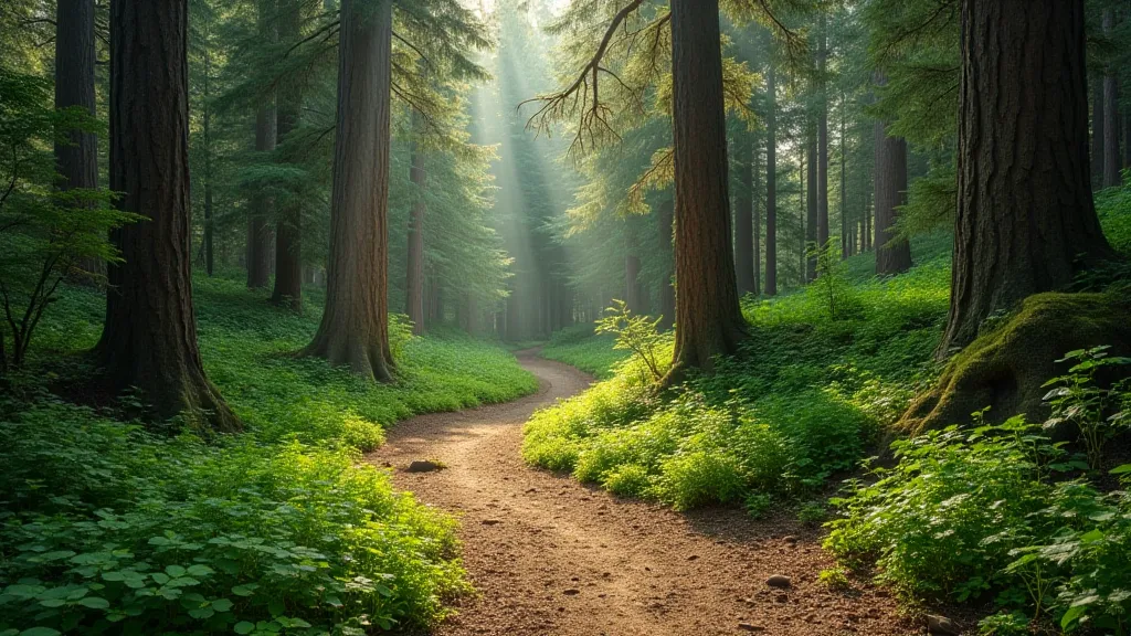A winding hiking trail through a lush green national forest