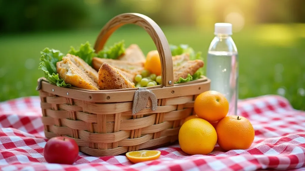A picnic basket with homemade sandwiches, fruit, and a water bottle on a checkered blanket