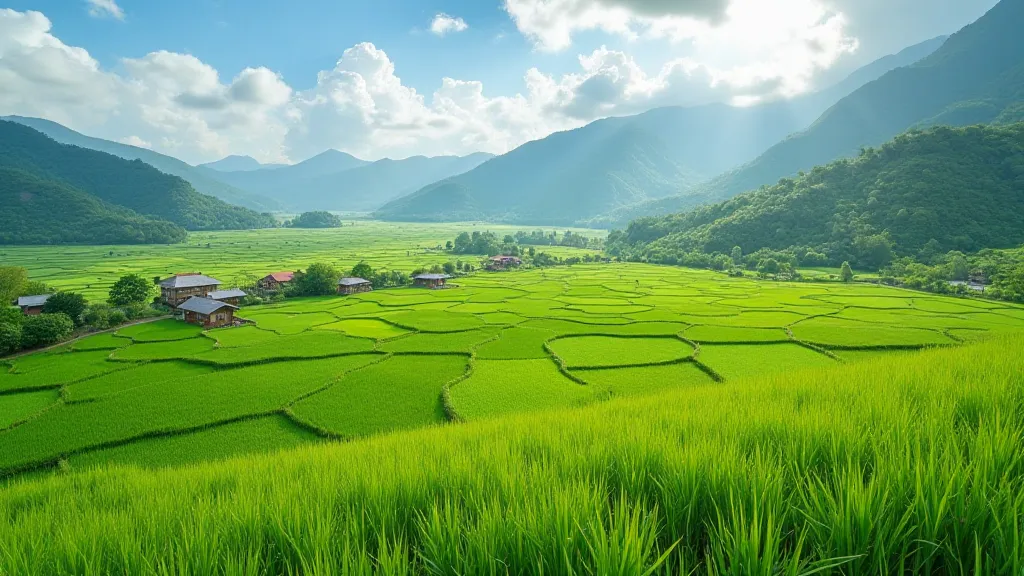 Lush green rice paddies with traditional houses in Southeast Asia.