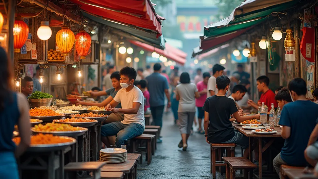 Busy Southeast Asian street food market