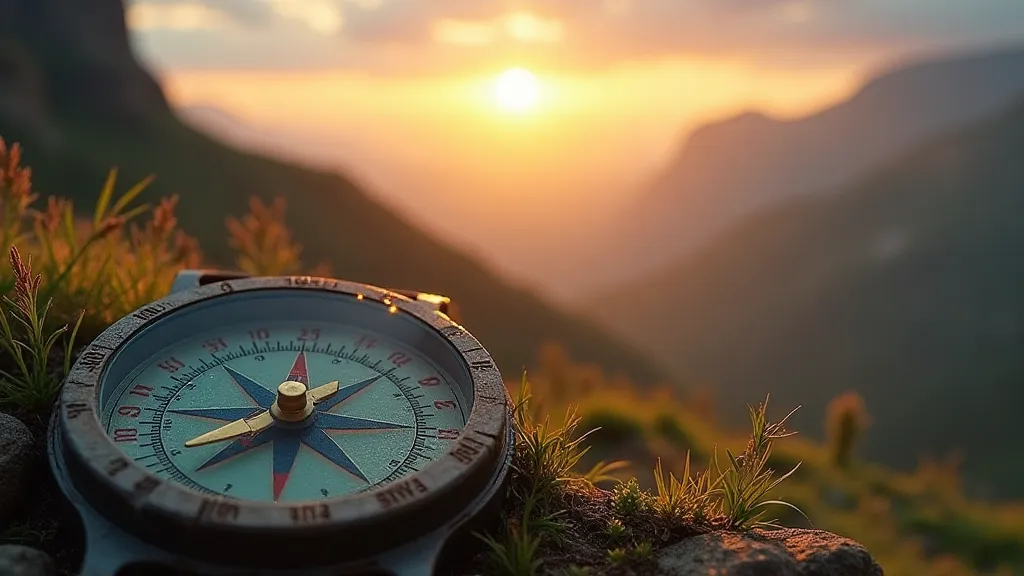 Compass pointing towards a beautiful landscape