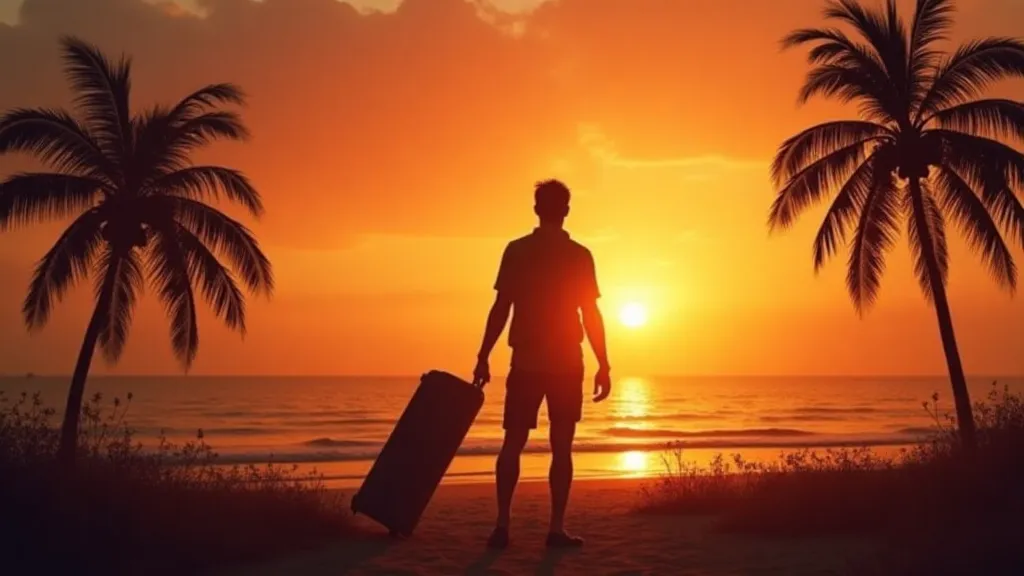Person looking at a tropical sunset with a suitcase