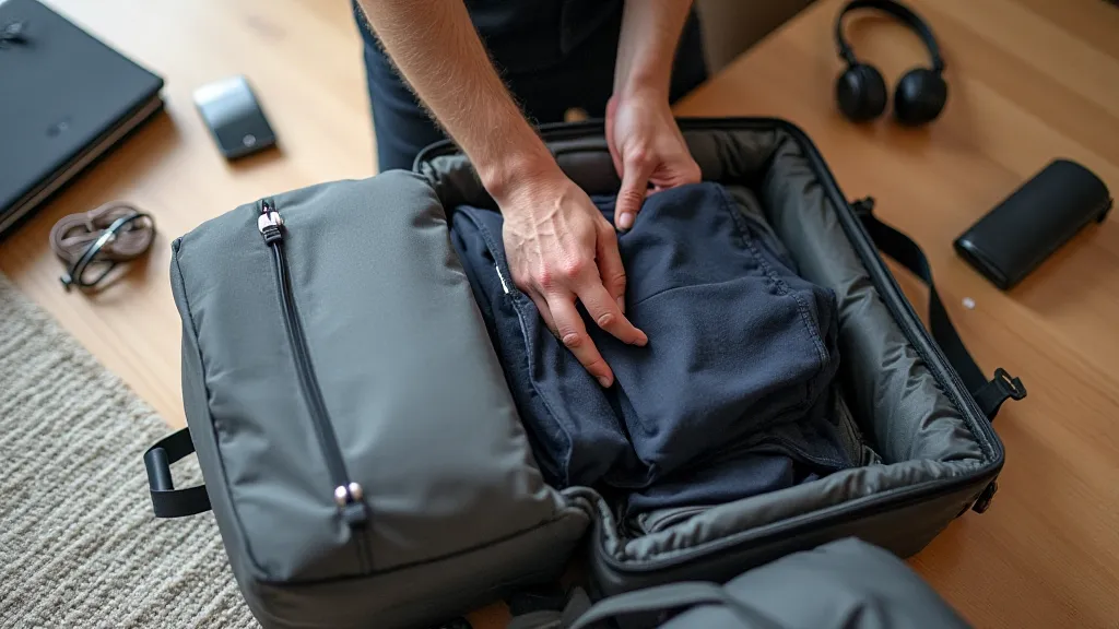 Person packing a backpack efficiently, showcasing travel essentials.