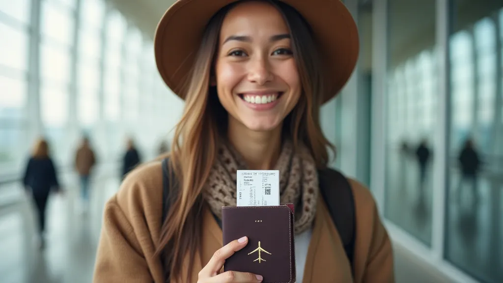 Traveler smiling with passport and ticket