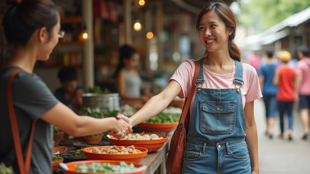 Traveler shaking hands with vendor