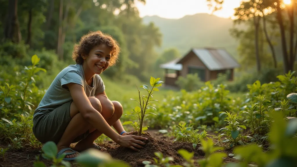 Volunteer planting trees in rainforest